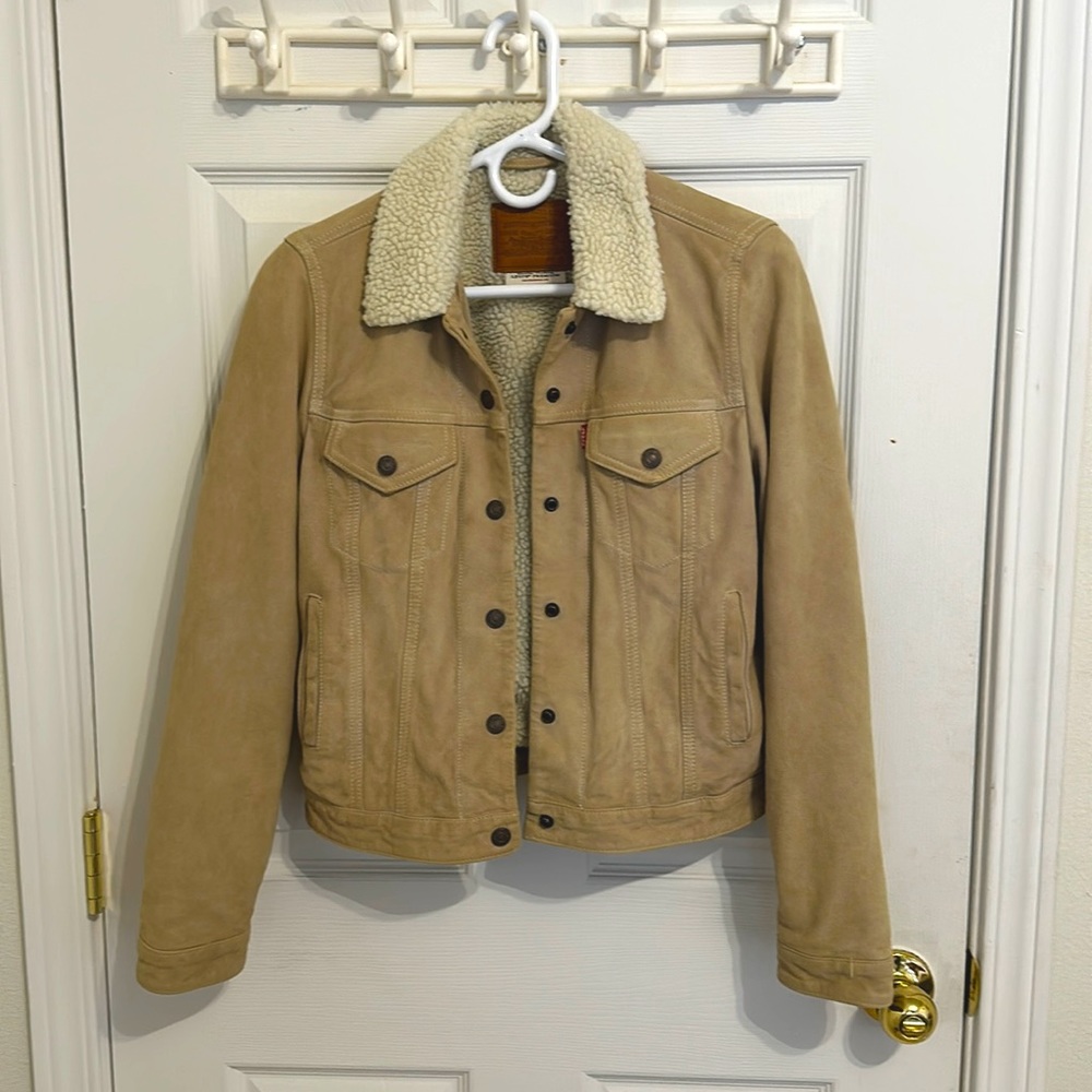Levi’s Premium Suede Sherpa Trucker Jacket S Small Beige Tan